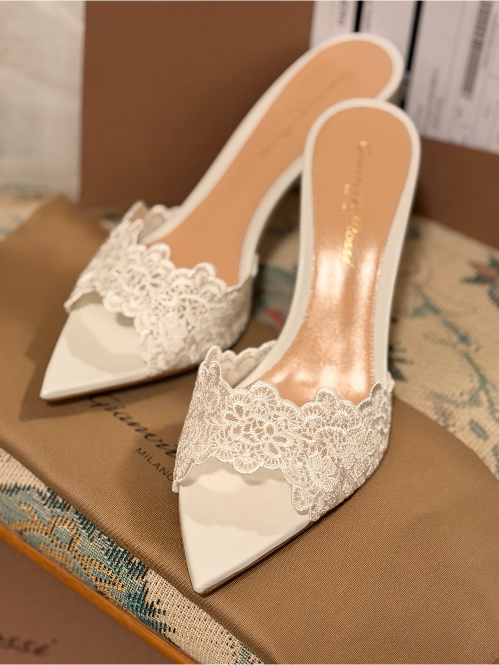 Gianvito Rossi Lace-Trim Soft White Pointed Mule Heels size 35.5